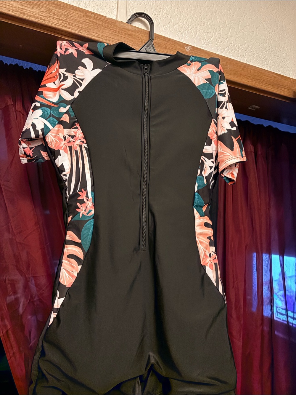 Kids Floral-Trim Black One-Piece Swimsuit - Short Sleeve